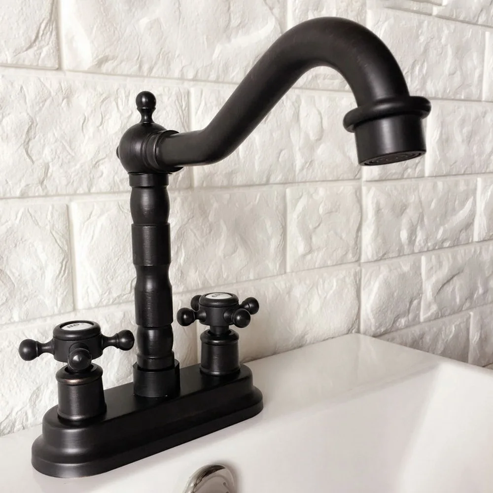 

Oil Rubbed Bronze Deck Mount Double Handle Bathroom Faucet Vanity Vessel Sinks Mixer Tap Cold And Hot Water Tap Nhg071