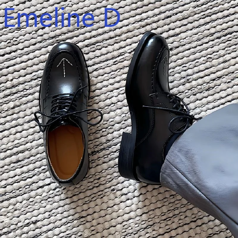 Thick Soled Derby Shoes Men's British Personality Arrow Embroidered Black Leather Shoes Fashionable Lace Up Casual Flat Shoes