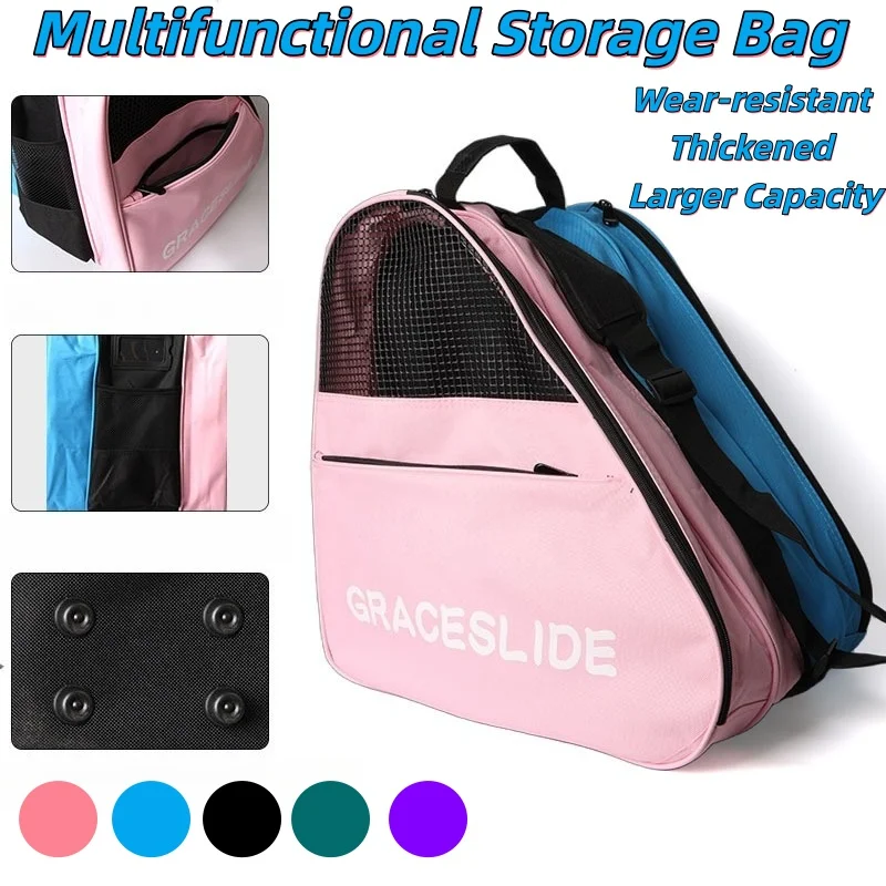 Skate Bag 3-Layer Large Capacity Ice Skate Backpack for Kids Adults Ice Blade Skates Roller Skates Storage Bag with Side Pockets