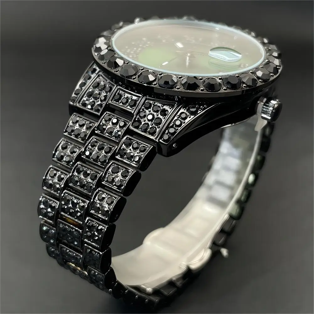 2024 MISSFOX Green Watch For Men Fashion Iced Out Quartz Clock Man Hip Hop Black Diamond Auto Date WristWatch Reloj Dropshipping