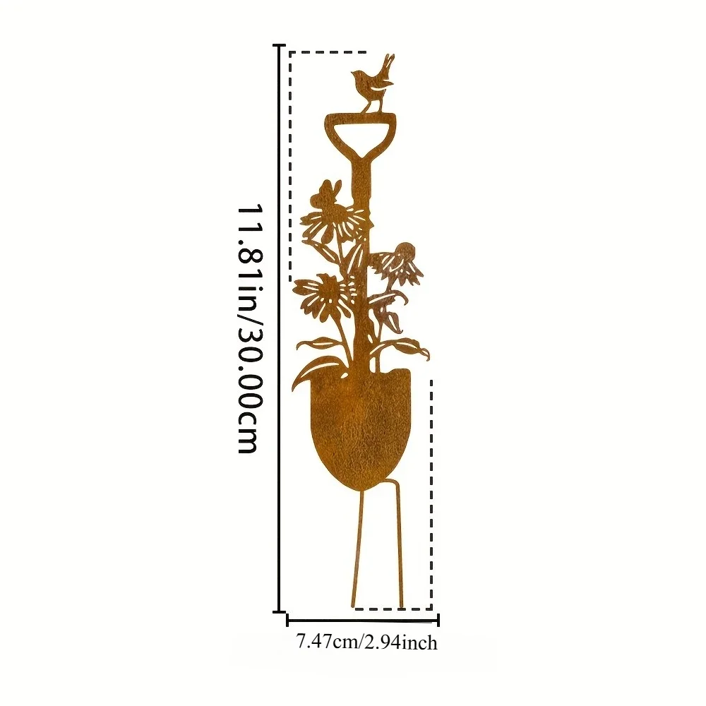 [2D Flat] a Naturally Rusted Metal Garden Shovel Featuring a Bird And Lily Flower Stake,Designed As a Rustic Outdoor Decoration