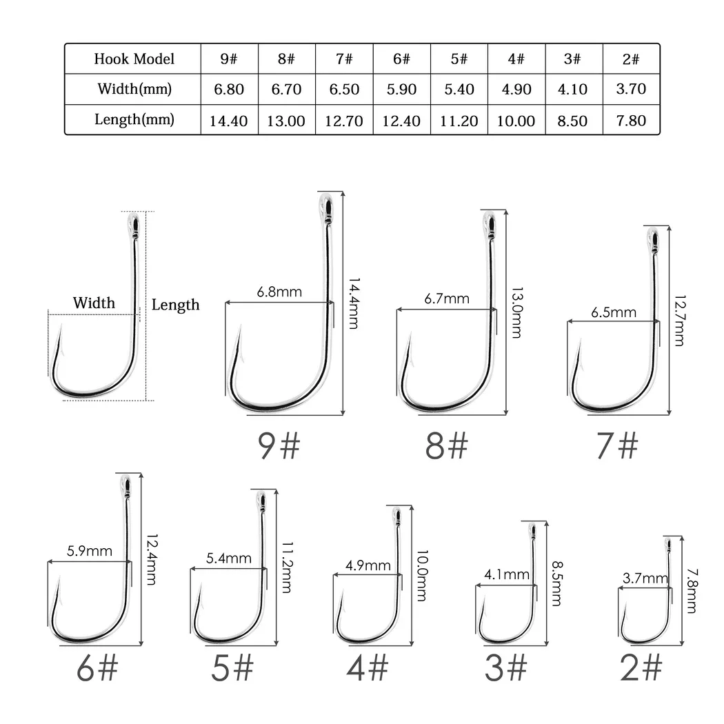 100pcs Fishing Hooks Pint Hook with Eyes Sea Hook Stainless Steel White Big Extra Long Shank Owner Fishhook Fishing Tackle Box