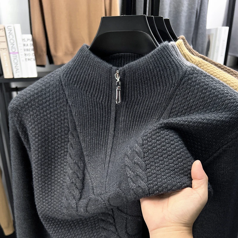 

Модный жаккарди роскошный трикотажный свитер мужской чистый цвет толстый мягкий и удобный Корейский стиль новый пункт тренд молнией круглый воротник джемпер