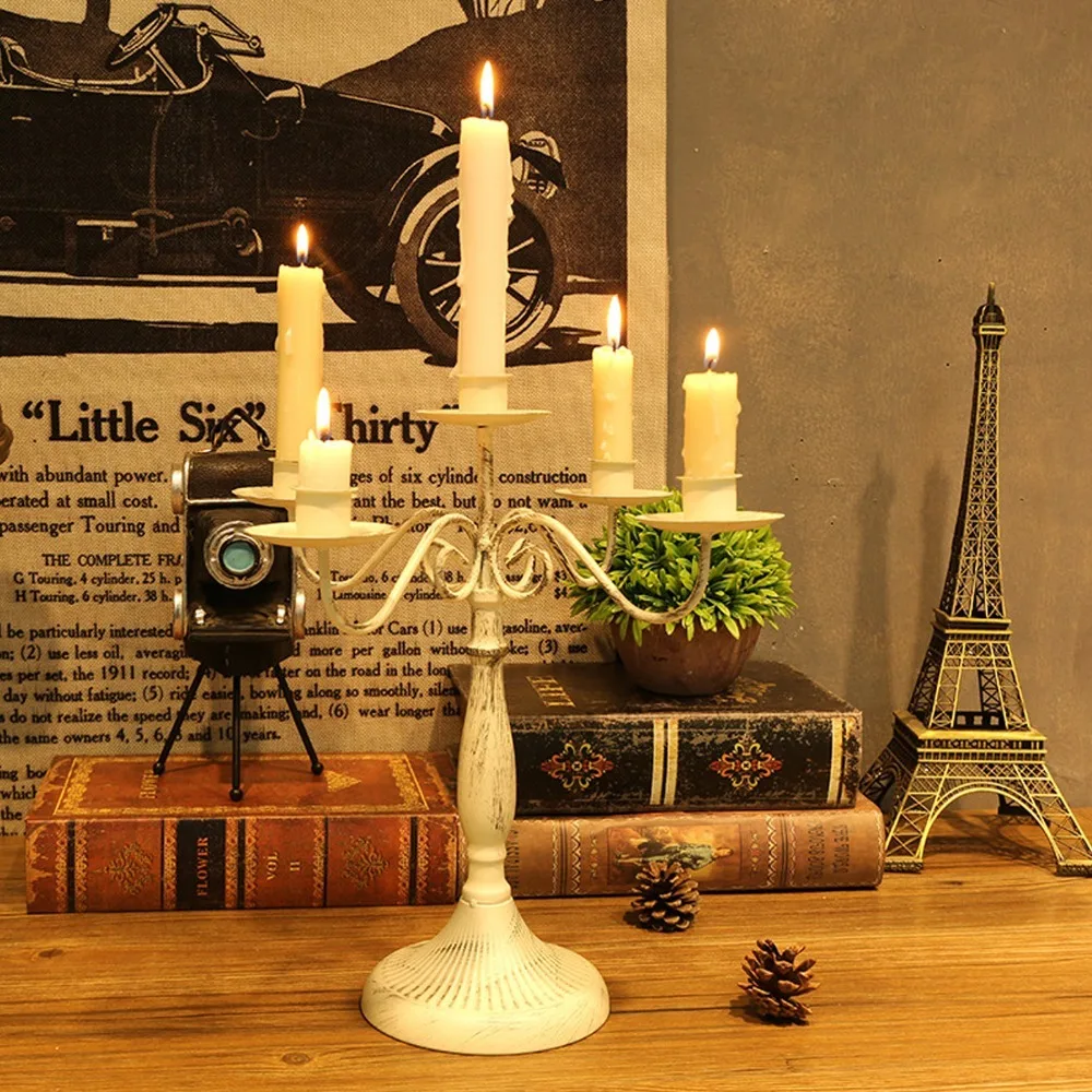 5 Arms Metal Candelabra Cast Iron Round Stable Base Candlestick Holder White Decorative Candle Stand Home Decoration