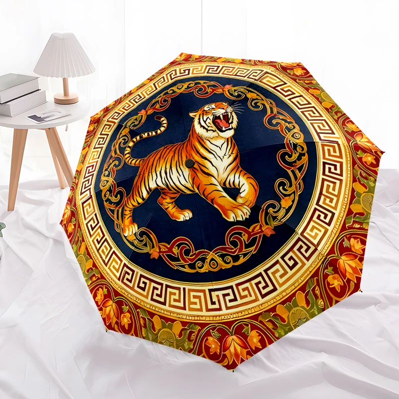 Tiger Theme Design Folding Umbrella - Fashionable Auto-Open Design 8 Iron Ribs Plastic Handle Foldable Sunshade，Perfect Gifts