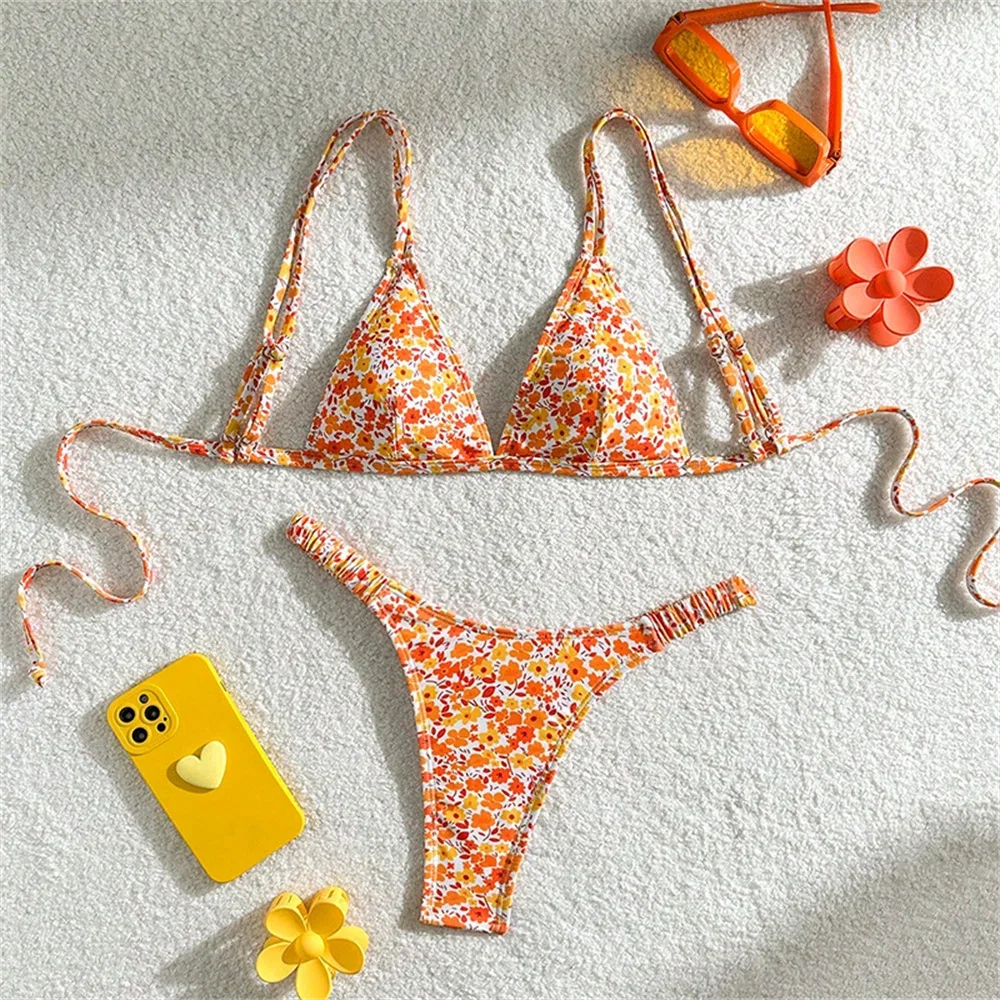 Costume da bagno sexy floreale a triangolo con stringhe Extreme Y2K Costume da bagno push up in pizzo senza schienale Abiti da vacanza Costume da bagno da spiaggia per donna
