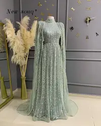 Dubai Vintage Sage Green High Neck Long Sleeves Evening Dresses Arabic Cape Muslim Kaftans Formal Gowns for Women's Party 2024