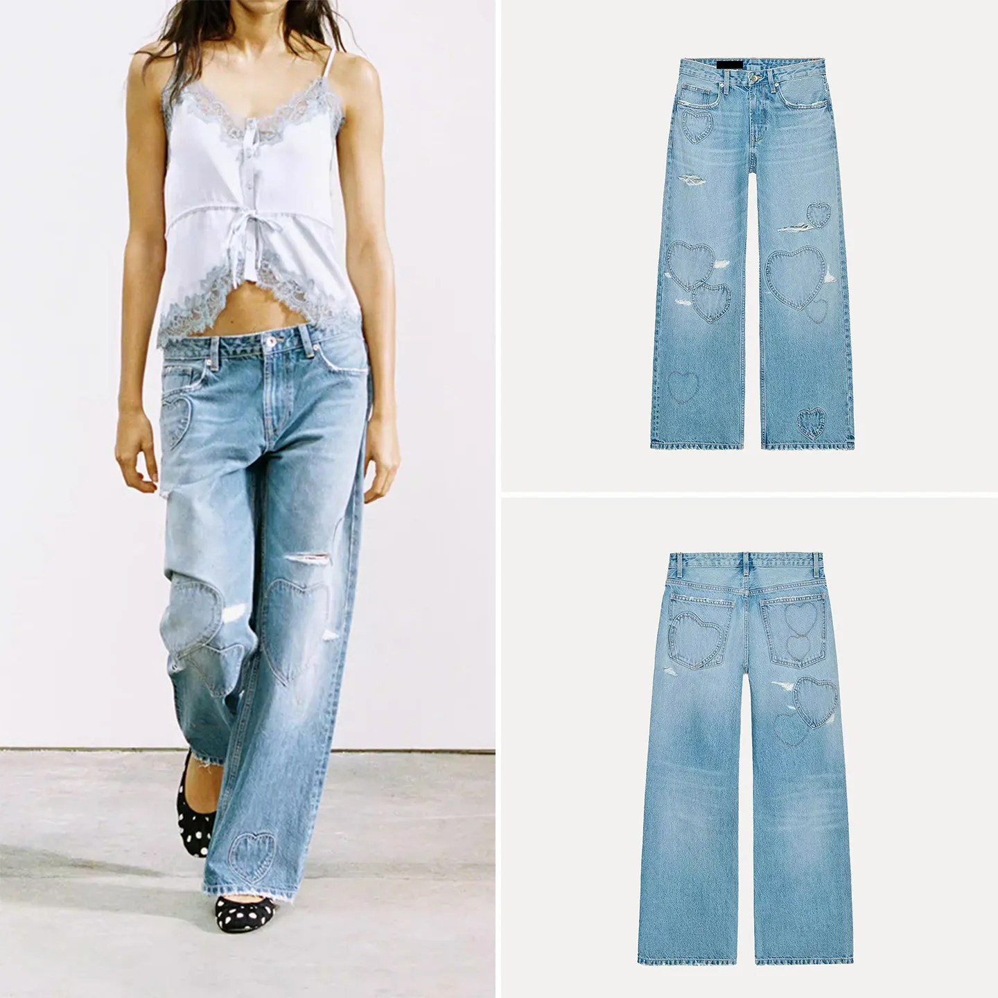 

Fashionable Heart-Shaped Hole Denim Jeans Women's Spring 2026 New Style Versatile Straight Leg Natural Waist Button Closure