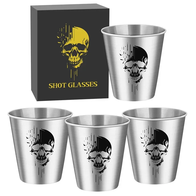 4pcs/set 70ml/2.39oz Skull Head Pattern Shot Glasses Metal Wine Liquor Cups for Kitchen Club Party Barware Event Wedding Gift