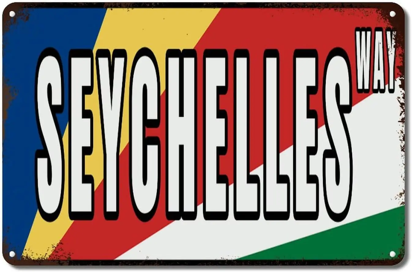 

Seychelles Metal Tin Sign Seychelles Colorful Flag Metal Sign Iron Painting National Symbolic Men Cave Signs for Living Room Bed