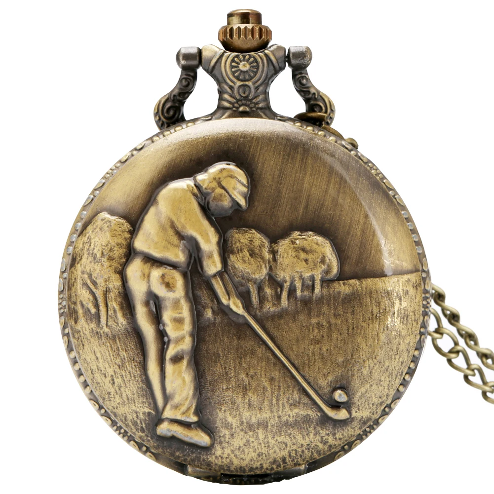 Bronzen Golf Man Quartz Ketting Zakhorloge Vintage Charme Arabische Cijfers Display Hanger Pocket Klok Collecties Geschenken