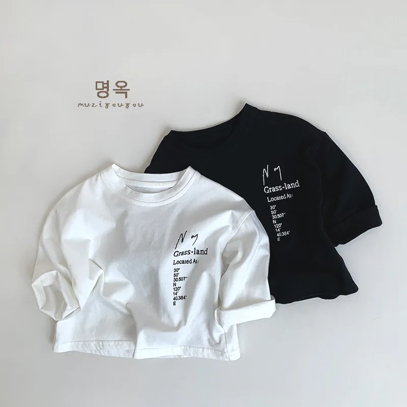 Black White Long-sleeved T-shirt Letter Print Boys Grils Children All-matching New Fashionable Comfortable Loose Casual
