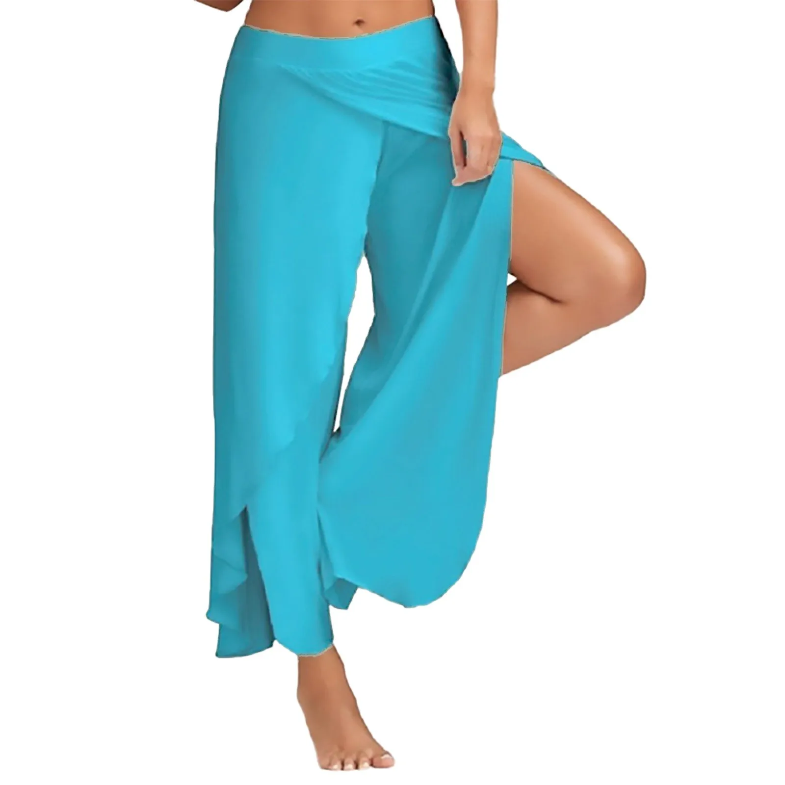 Women Wide Leg Pants Yoga Split Trousers Female Elastic Wasit Casual Loose Fitness Open Leg Pants Solid Color Harem Pants Femme