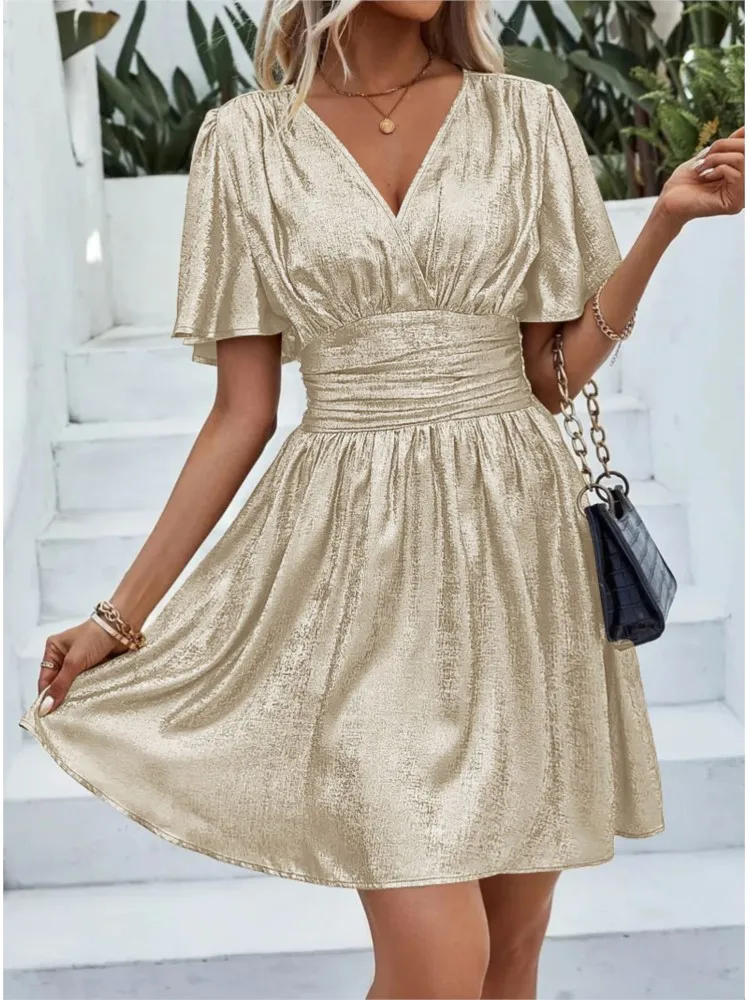 

New Woman Metallic Sexy V-neck Ruffle Sleeves Short Dresses 2025 Summer Fashion Short Sleeved Mini Dress Women's Casual Clothing