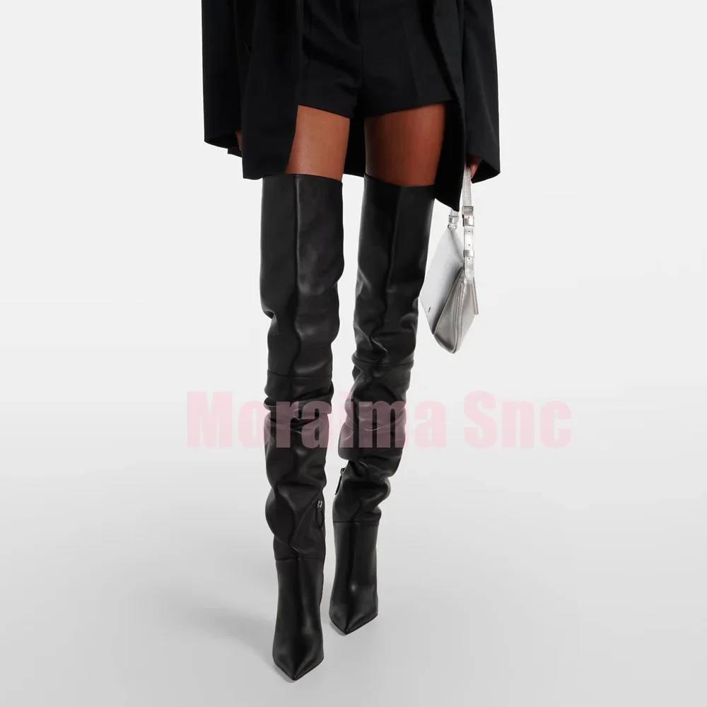 

Pointed Toe Pleated Thigh High Boots Wine Glass Heel Side Zipper Sexy Fashion Women's Long Boots 2025 Autumn Winter Black New