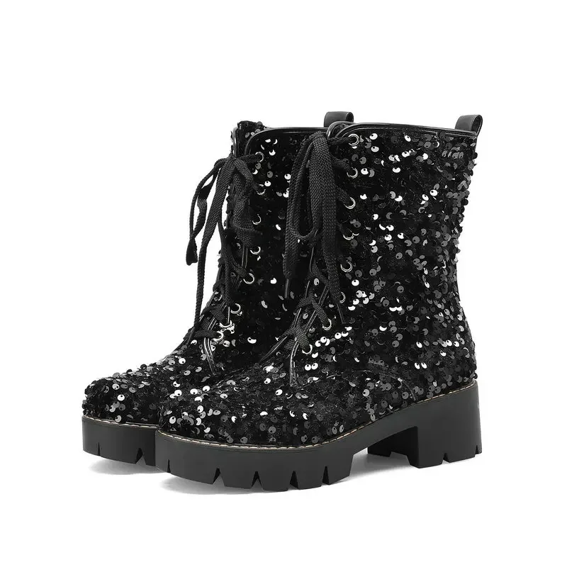 Sequins Bling Glitter Party Goth Shoes For Women Shiny Pink Blue Purple Lace-up Platform Chunky Heels Ankle Motorcycle Boots