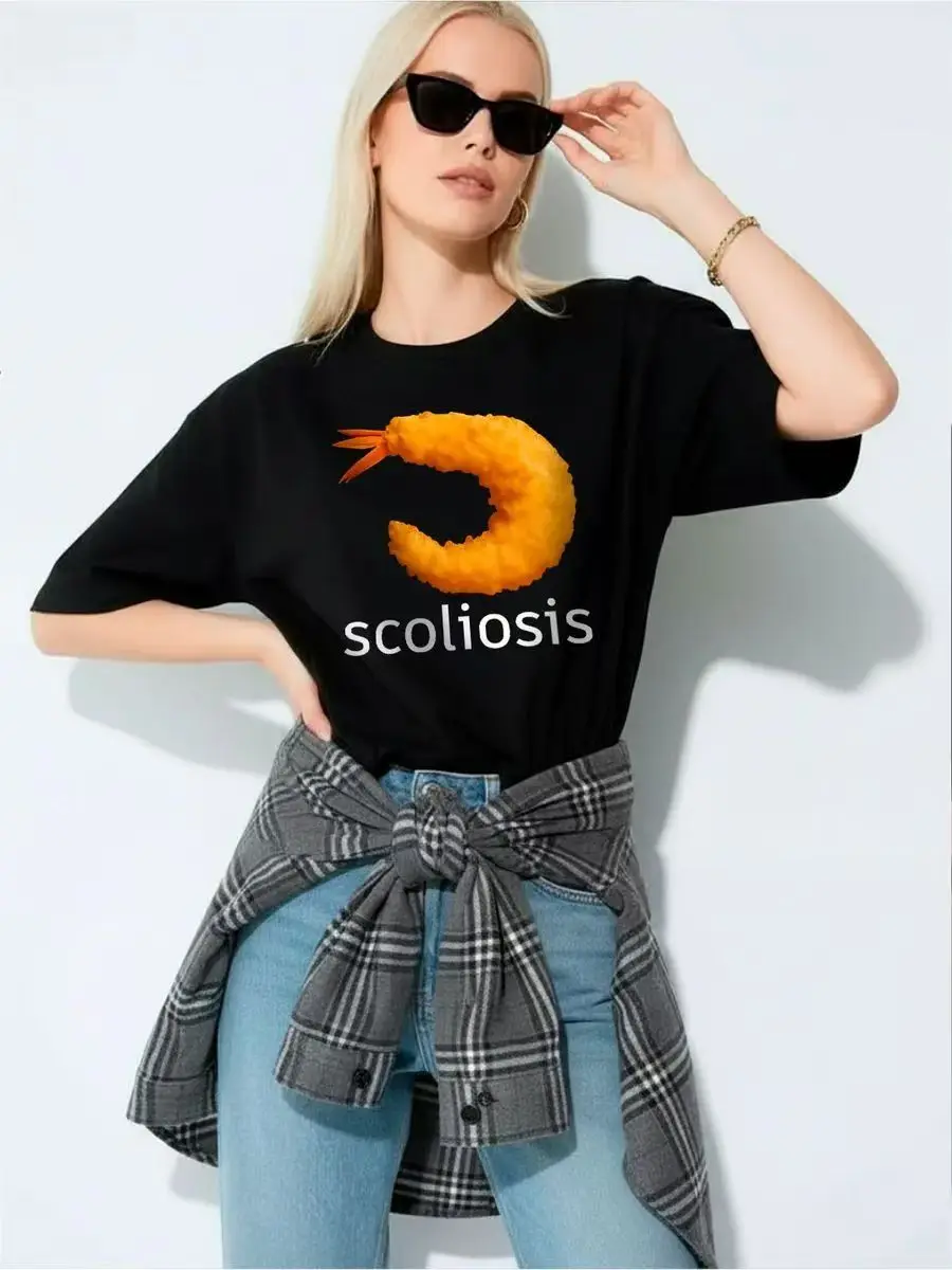 Black Funny Shrimp Pattern Printed Tshirt Casual Short Sleeve Scoliosis Shrimp Tshirt Female Y2k Aesthetic Summer Clothes 2026
