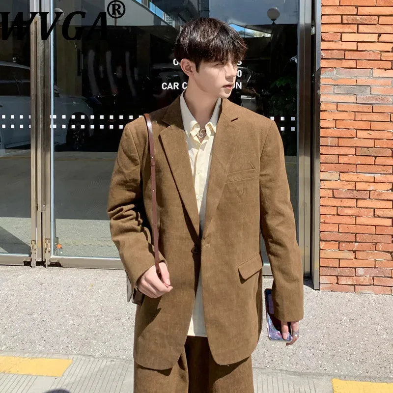 WVGA Spring Autumn New Men Tide Turn-Down Trendy Collar Blazer Niche Chic Casual Seven-point Pants Two Pieces Set Ins Y2K W19606