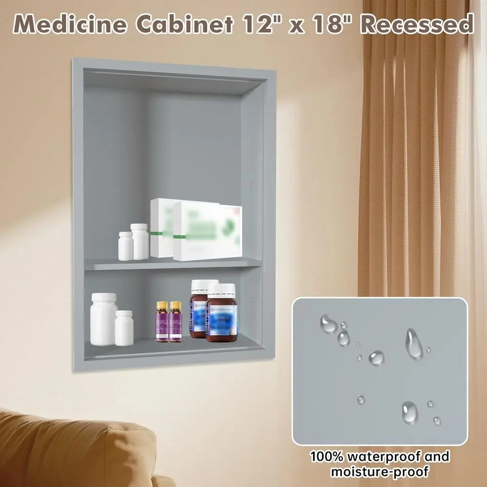 Armoire à pharmacie encastrée à 2 niveaux en bois massif gris, rangement de niche murale 12x18 pour salle de bain, chambre à coucher, salon, cuisine