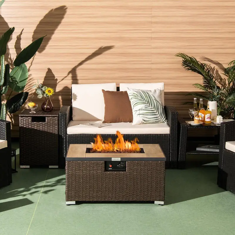 

32 x 20 Inch Propane Rattan Fire Pit Table Set with Side Table Tank and Cover-Brown