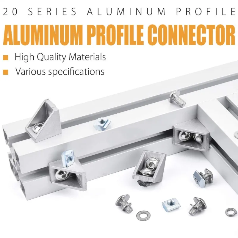 Juego de conectores de perfil de aluminio 2020, 20 piezas de soporte de esquina + 40 Uds. De tapa hexagonal M5x8mm + 40 Uds. De tuercas con ranura en T M5 de 20 series