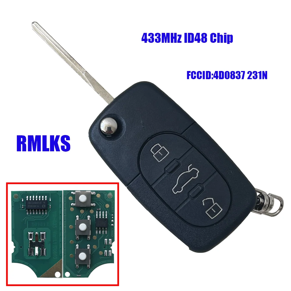 

3 Button Flip Folding Remote Car Key For Audi 4D0837231A 4D0837231K 4D0837231N ID48 Chip For A3 A4 A6 A8 TT Old Models