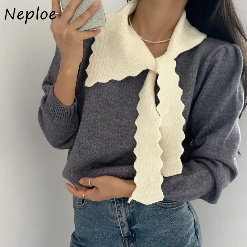 Neploe 2025 Autumn Winter French Gentle Style Knitted Pullover Femme Contrasting Color Loose Long Sleeve Scarf Collar Sweater