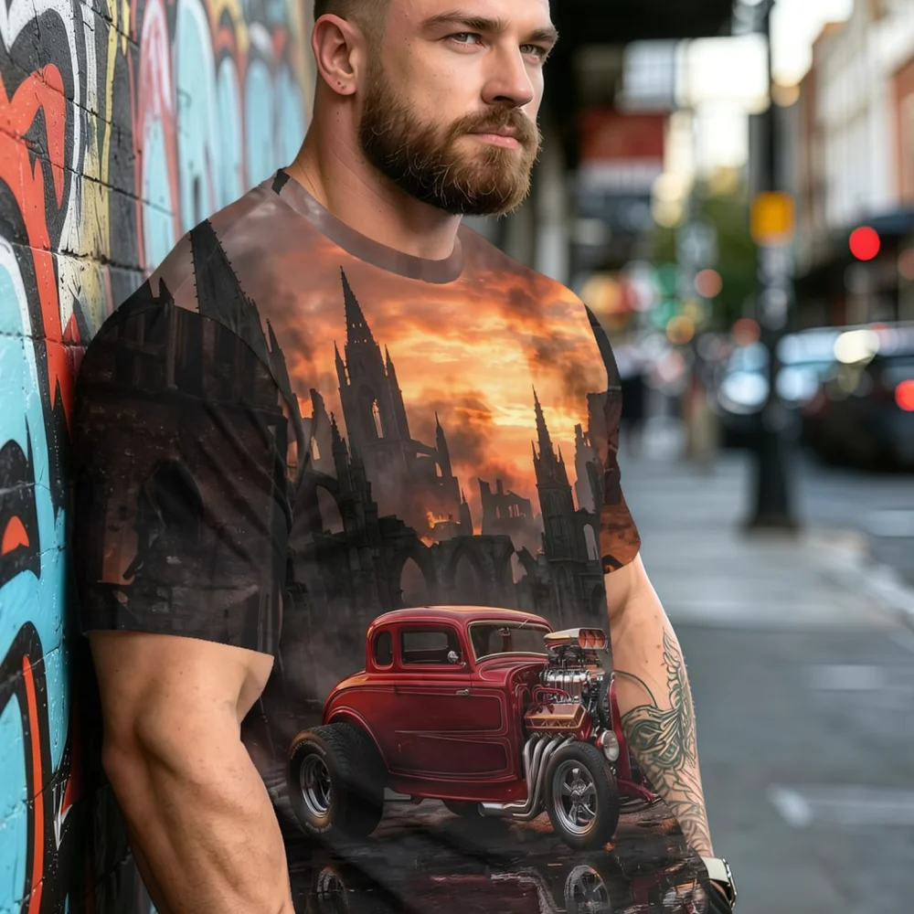 Mens Summer Short Sleeve Round Neck T Shirt Vintage Car Castle Graphic Print Quick Dry Breathable Casual Athletic Wear