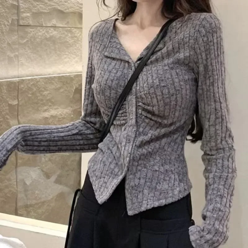 Women Autumn Winter Y2K Vintage Ribbed Knit Cardigan Korean Lapel V‑neck Slim Cropped Long Sleeve Casual Daily Knit Coat Tops