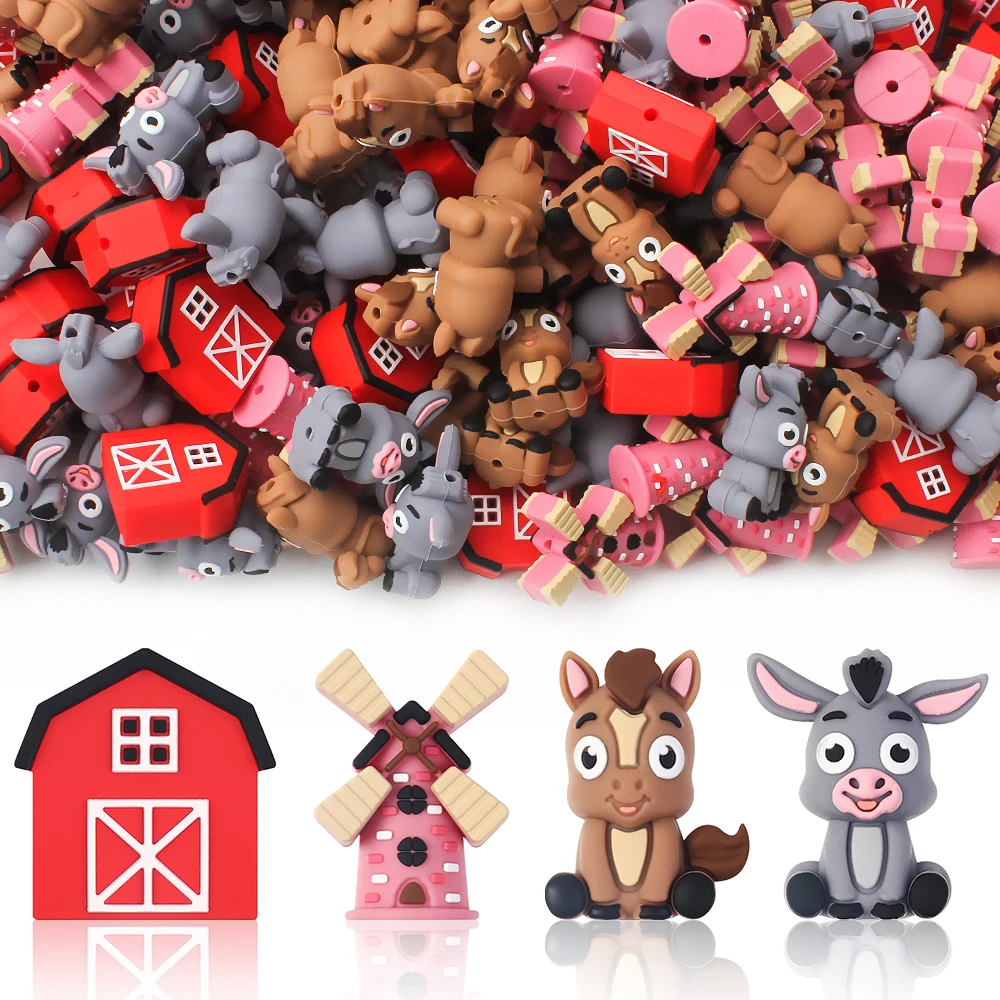 5/10/20/50pcs 3D Farm Theme Silicone Beads  - Horse, Donkey, House, Windmill Focus Beads for Jewelry Making Supplies