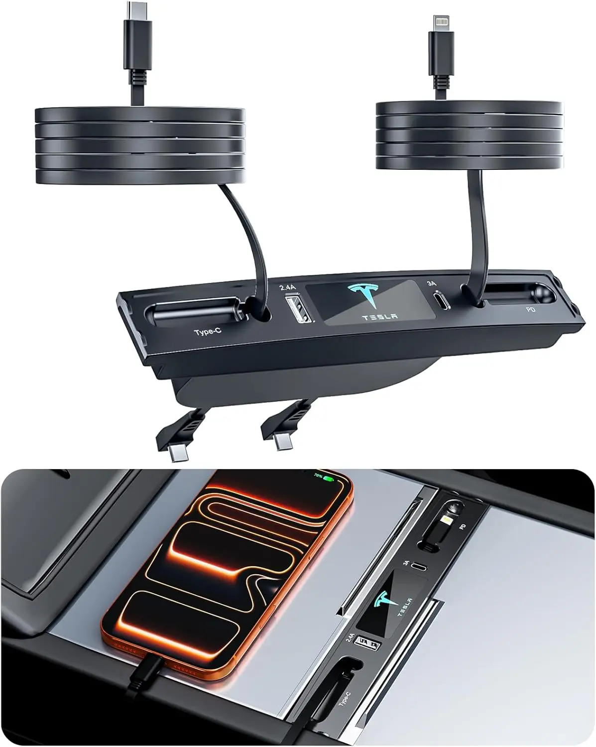 

Водонепроницаемый USB-хаб для Tesla, многопортовая док-станция для быстрой зарядки со встроенными выдвижными кабелями, подходит для центральной консоли