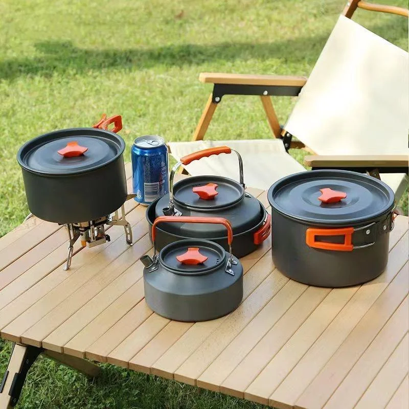 Portable Aluminum Camping Cookware Kit Lightweight Outdoor Cooking Set with Pots Pans for Hiking Picnic Travel Supplies ﻿