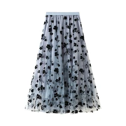 Elegant Floral Women Tulle Skirts High Waist Korean Flocking Pleated Midi Skirts Mesh Summer Office Ladies Skirt New