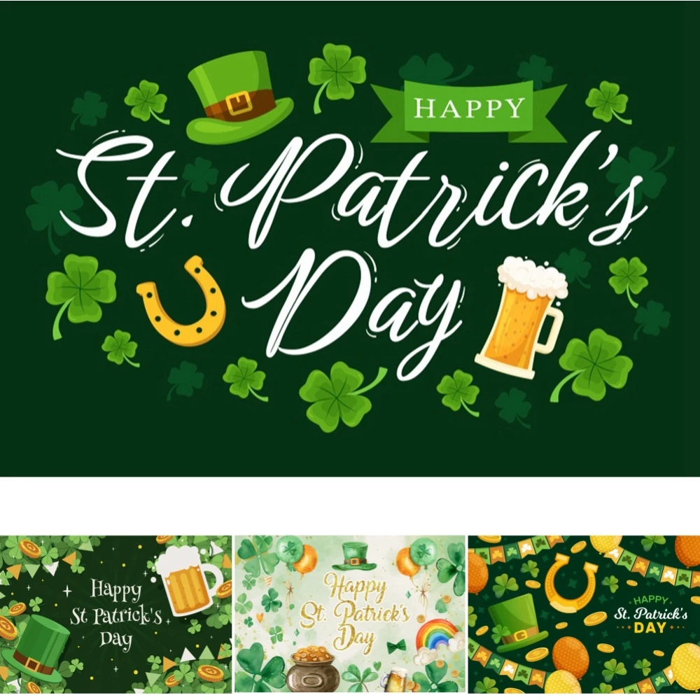 

Happy St. Patrick's Day Background Photography Ireland Lucky Green Shamrock Hat Rainbow Gold Coin Adults Festival Party Backdrop