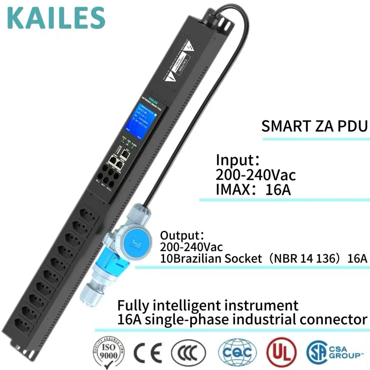 KAILES(KLS) K55 ZA PDU Series 16A 200-240Vac Smart 10 Brazilian Sockets Remote Viewing Measurement Data Industrial Use Black