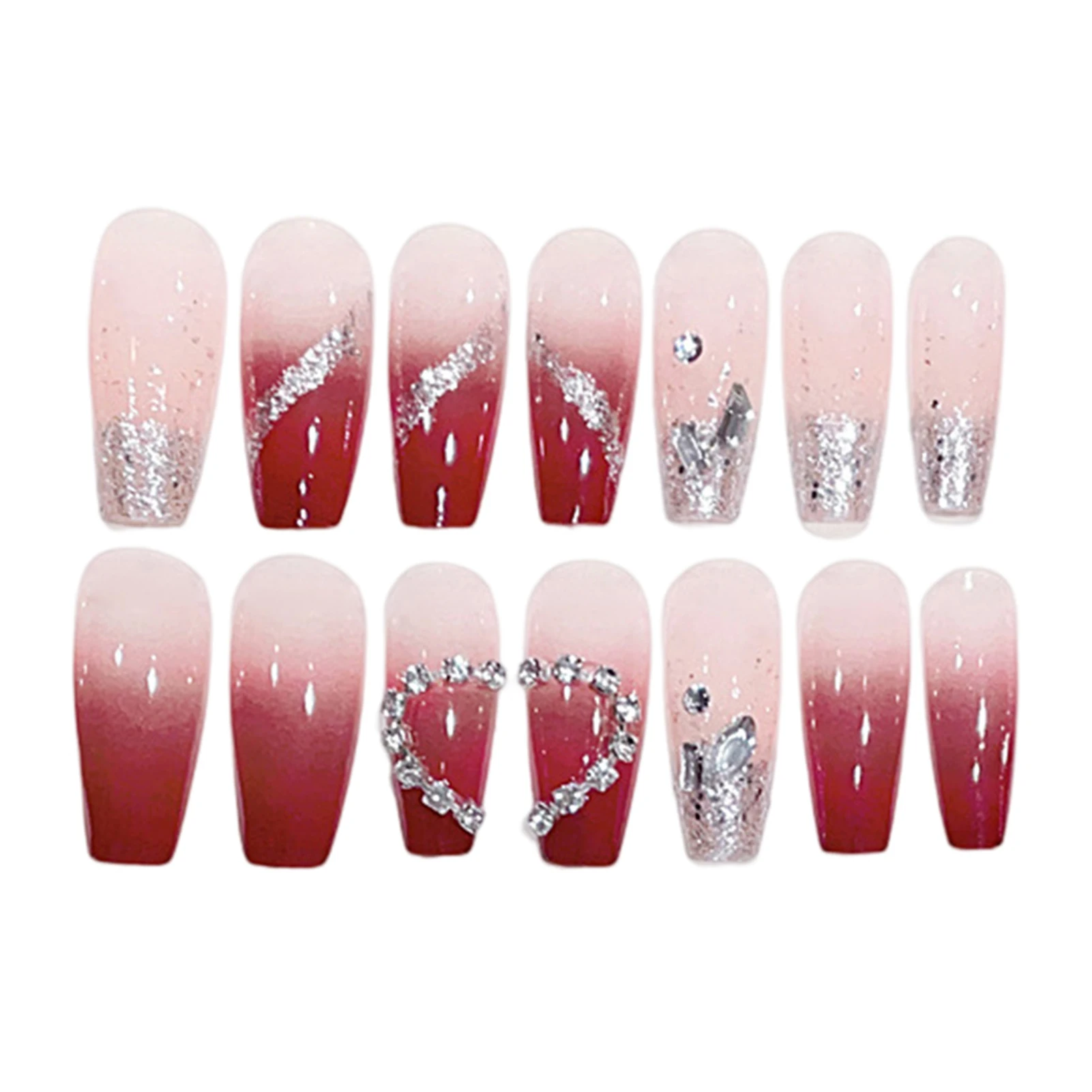 Red Smudging with Glitter Decor Long Fake Nails Ultra-flexible Long Lasting Fake Nails for Shopping Traveling Dating