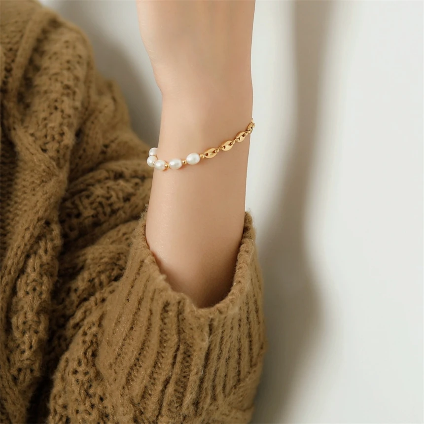 316L Stainless Steel Vintage Pig Nose Shape Pearl Asymmetr Charms Chain Bracelets For Women Fashion Fine Jewelry Gifts