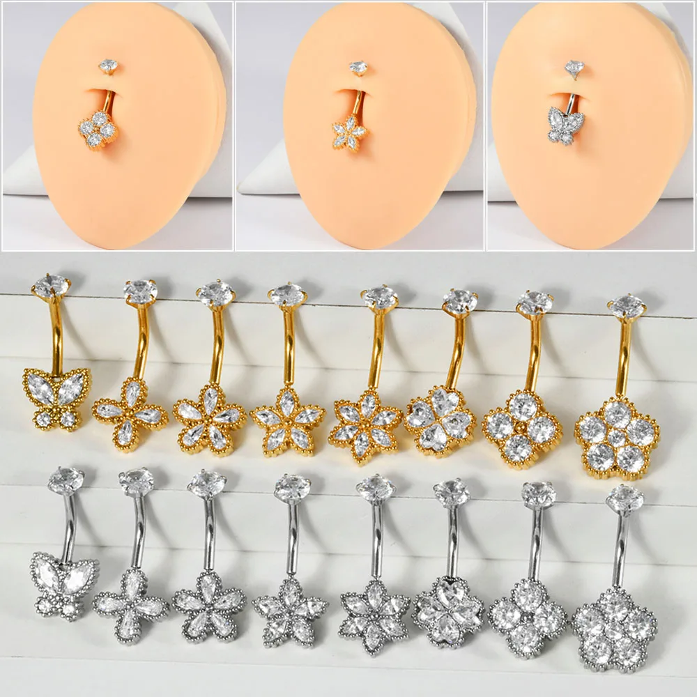 1PC Stainless Steel CZ Crystal Belly Button Ring 14G Flower/Butterfly Reverse Navel Piercing Hook Ombligo Piercings Jewelry