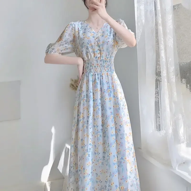 Short-sleeved V-neck Chiffon Floral Dress Women Elegant Woman Medium Length Korean Reviews Many Clothes Trendyol New Dresses Y2k