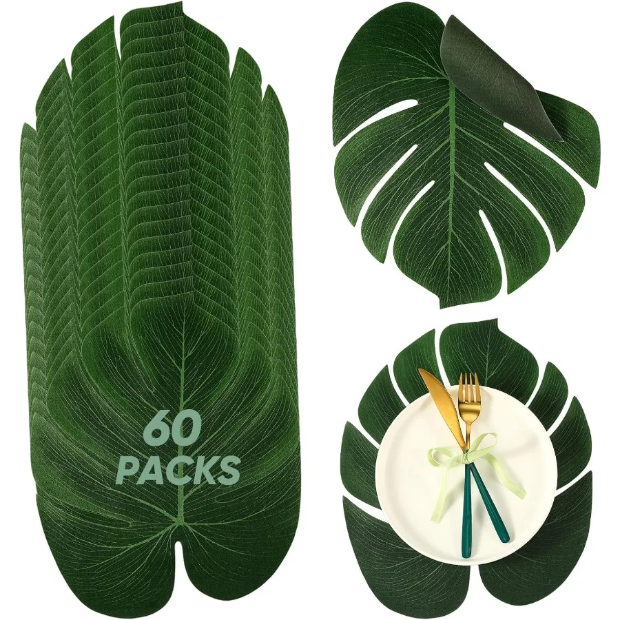 

60 шт. большая подставка для столовых приборов с тропическими пальмовыми листьями, искусственная монстера, зеленые пальмовые листья для гавайской летней свадьбы, Луау Сафари Джун