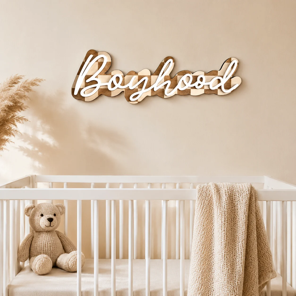 Personalized Checkered Wooden Name Plaque,Wall Decor, Custom Nursery Wall Hanging Sign, Baby Boy Bedroom Wall Art, Newborn Gift