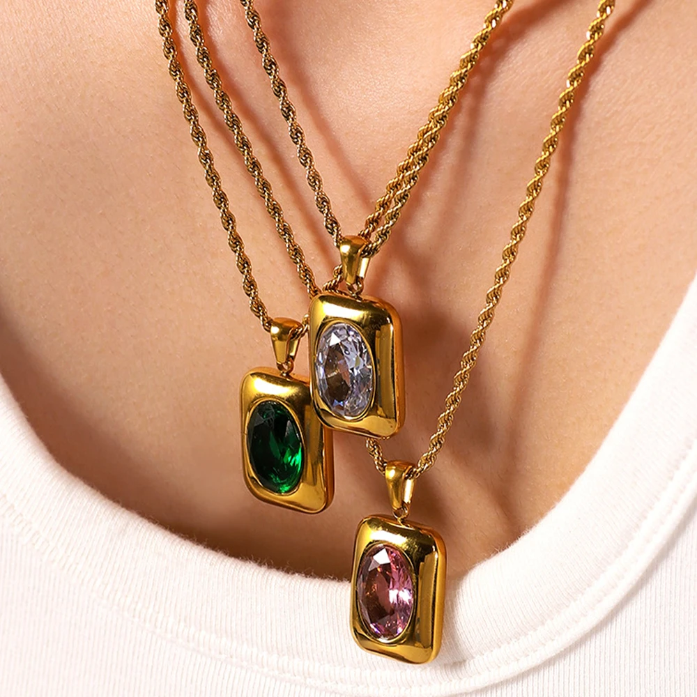 Fashion Gold Color Round Zircon Square Pendant Necklaces Stainless Steel Waterproof Necklace Party Wedding Jewelry for Women