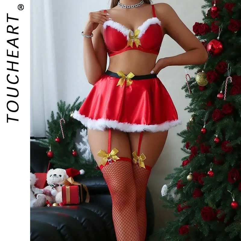 

Toucheart Women Sexy Mesh Slim Christmas Interesting Underwear Net Socks High Waisted Bow Knot Lace Up Patchwork Plunge Sexy Set