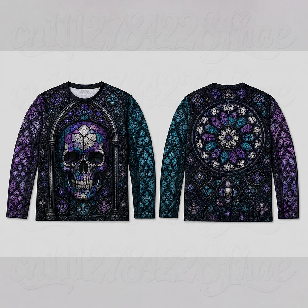 Men's 3D Gothic Cathedral Skull Graphic T-Shirt Halloween Stained Glass Long Sleeve Tee Church Party Streetwear Loose Outfits