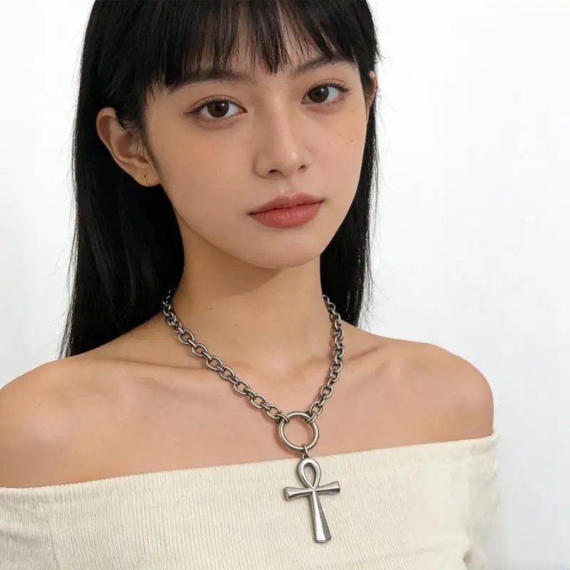 195C Gothic Punk Stainless Steel Crucifix Pendant Necklace With O Ring For Women