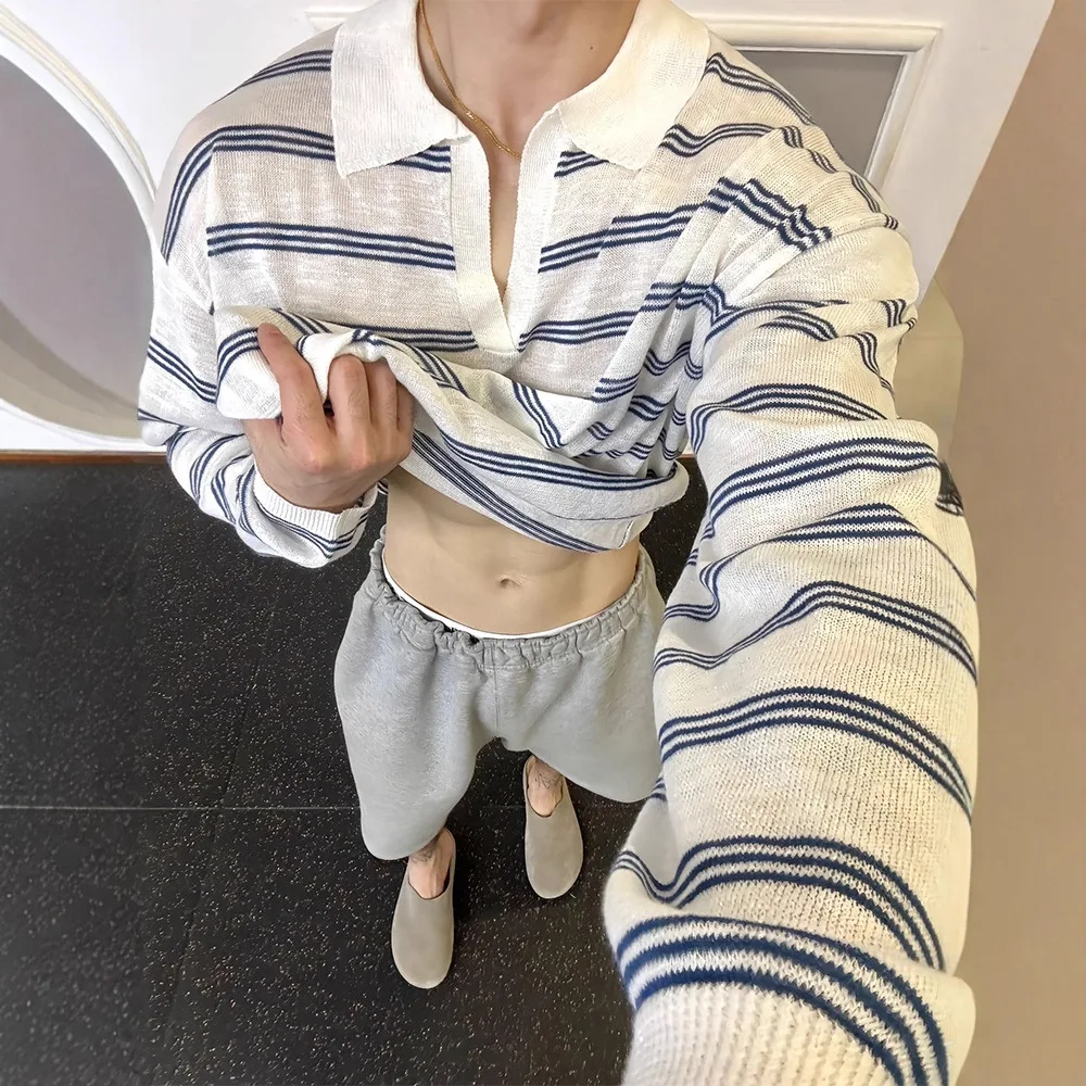 

V-neck striped long-sleeved T-shirt for boys in summer light and breathable ice silk sunscreen blouse thin knitted top