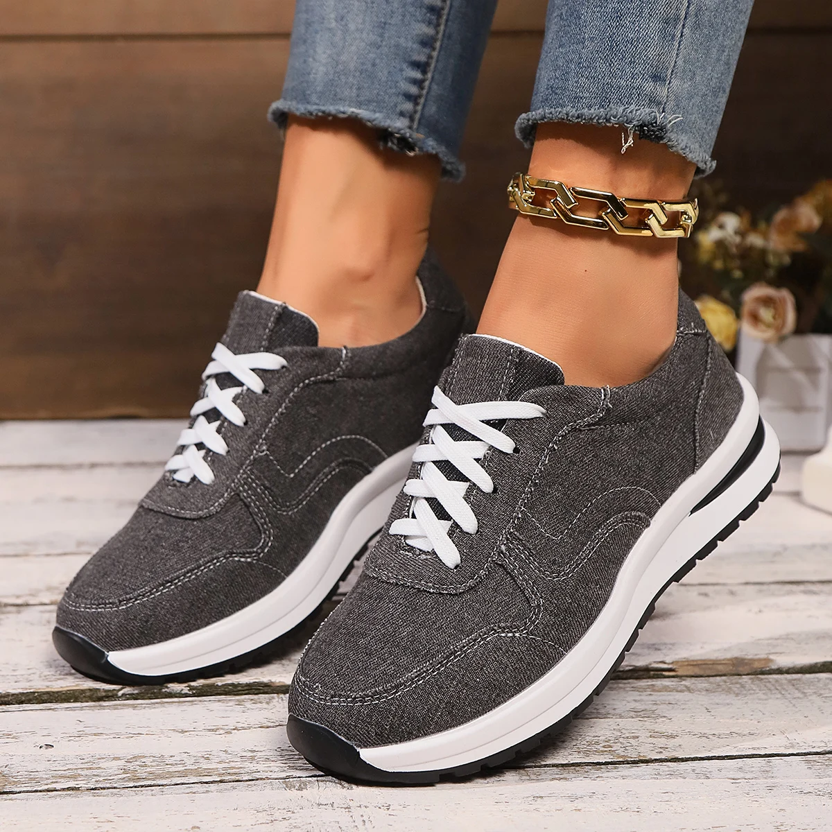 Blue Denim Platform Sneakers Women Fashion Thick Sole Lace Up Sports Shoes Woman Plus Size 43 Comfortable Casual Female Sneakers