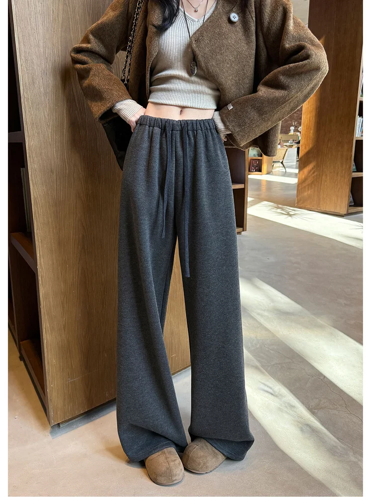 

Acetate Wool Thiened Straight Leg Pants Women's Autumn Winter Casual Trousers Airy Comfortable l Waist Design