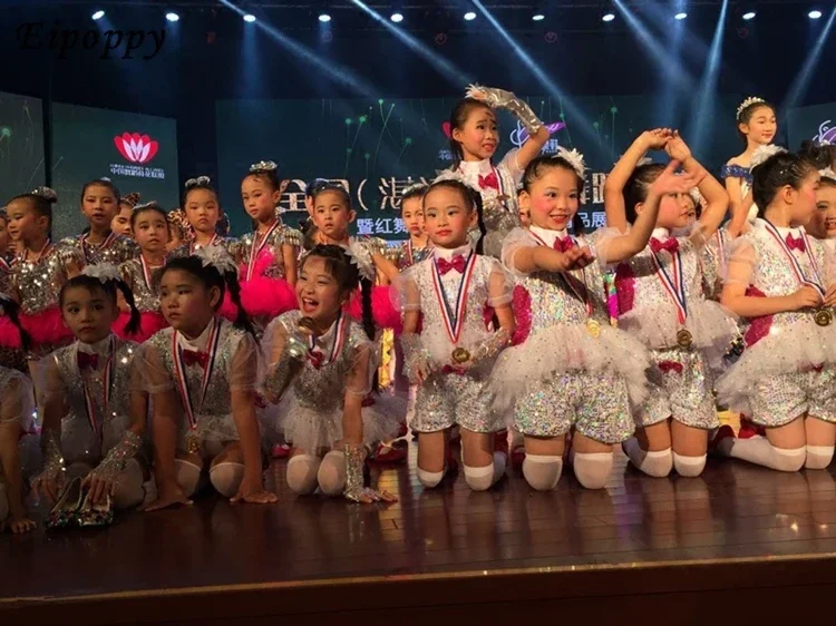 Roupa de dança latina infantil, vestido gaze performance lantejoulas, roupa competição