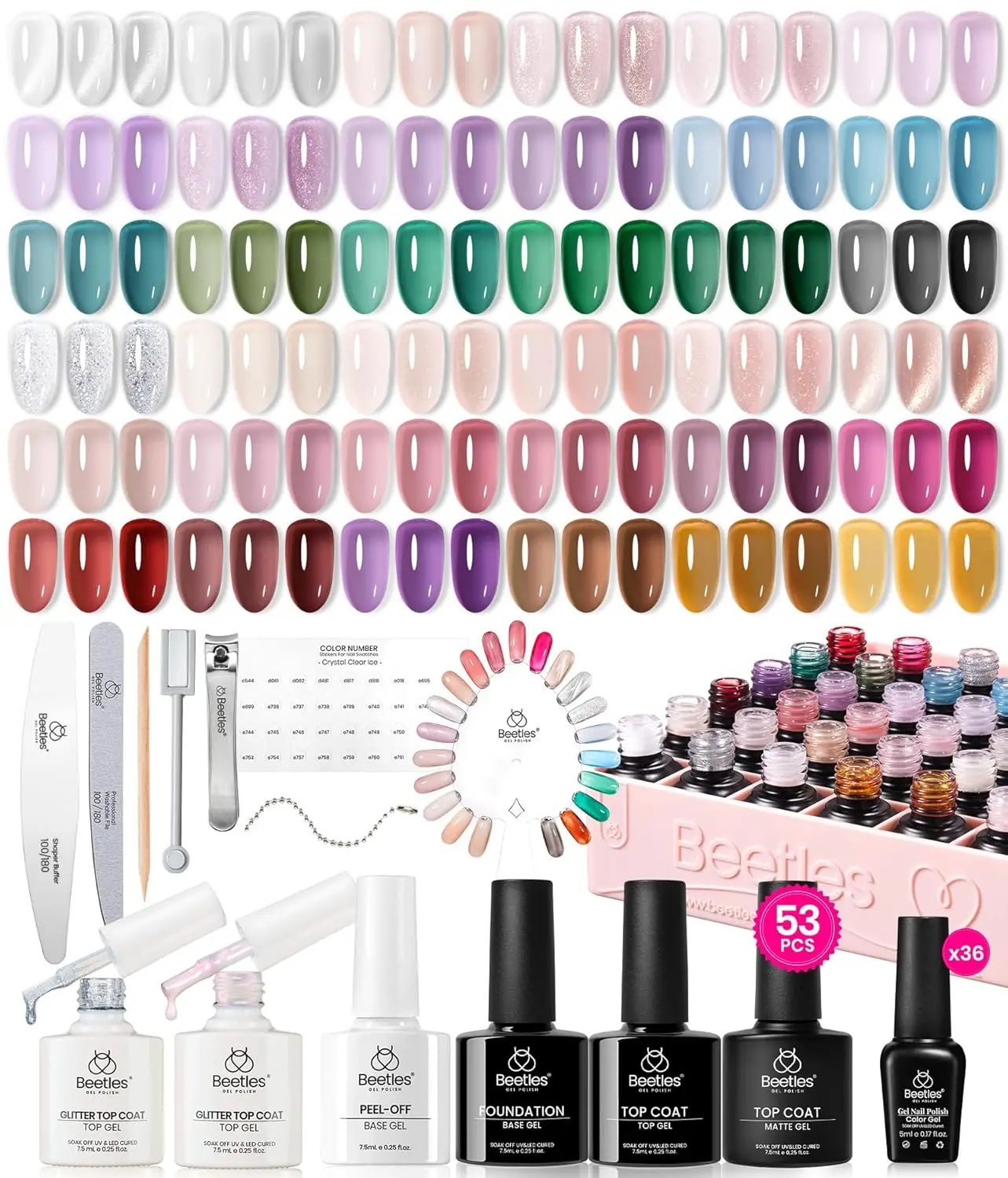 53PCS Gel Nail Polish Set, 36 Colors Jelly Cat Eye with Base Top Coat and Tools for Home Manicure